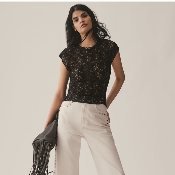 Anthropologie - NWT - Black, XS, Stretch, Short Sleeve, Lace Top - Picture 3 of 12